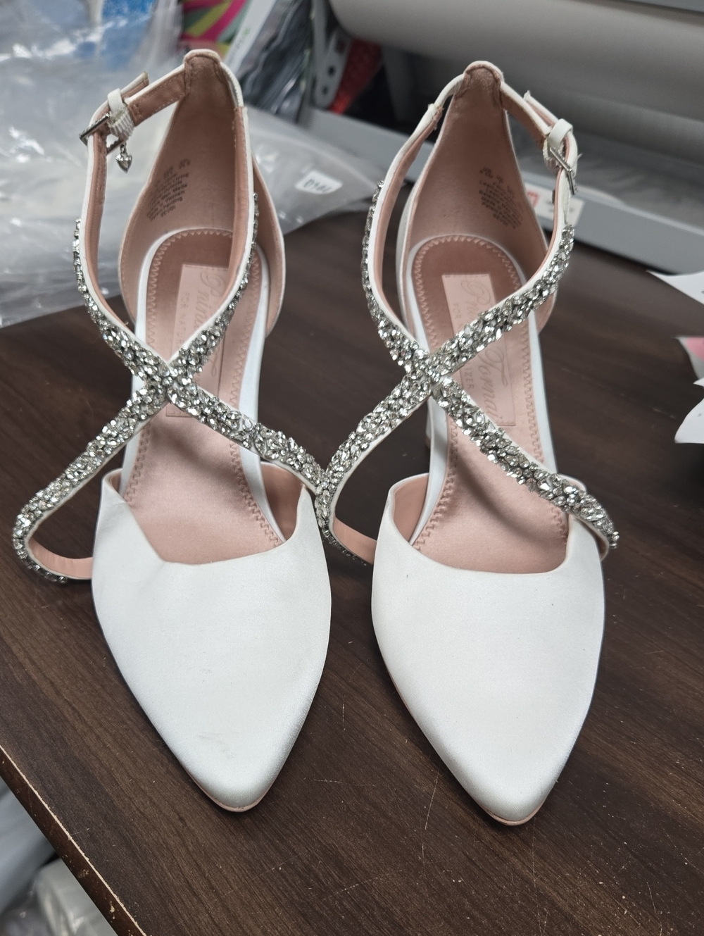 Pnina Tornai Size 9.5 White Satin Pointed Heels with Crystal Cross Straps